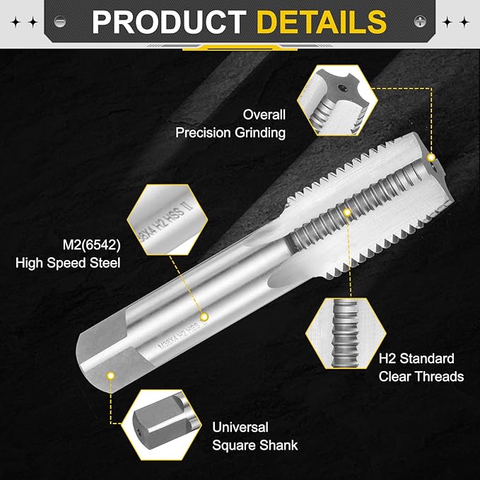 uxcell Hand Plug Tap M38 x 4 H2 Metric Thread Plug Style Taps Straight Flute Screw Tapping Threading Tool High Speed Steel HSS6542