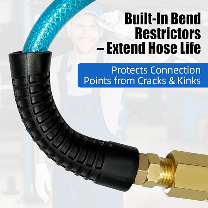 100FT 1/4 Inch Reinforced Polyurethane Air Hose for Compressor - Flexible Heavy Duty Braided Pneumatic Hose with Quick Connect Fittings 300 PSI for Garage Shop Automotive Use