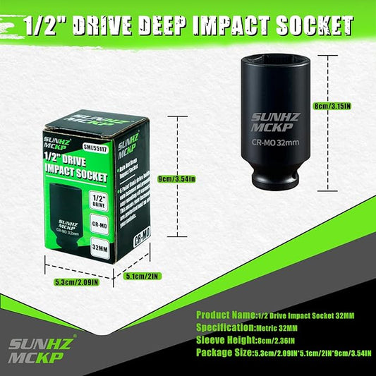 SUNHZ MCKP 32 mm Impact Socket | Metric 1/2 In Drive Axle Nut Socket | 6 Point Design | Deep Well Hub | Chrome Molybdenum Steel | Axle Shaft Nut Remover