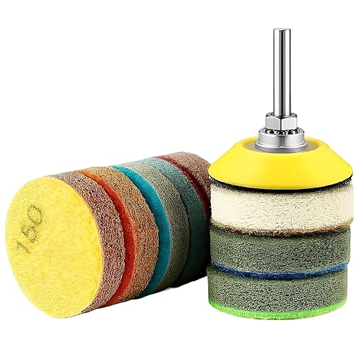 2inch 50mm Mini Non-Woven Polishing Pad, 8 Different Grit 150#-10000# Sanding Discs & 6mm Round Handle Hook & Loop Backing Holder for Detail Fine Grinding Buffing (9Pcs/Set)
