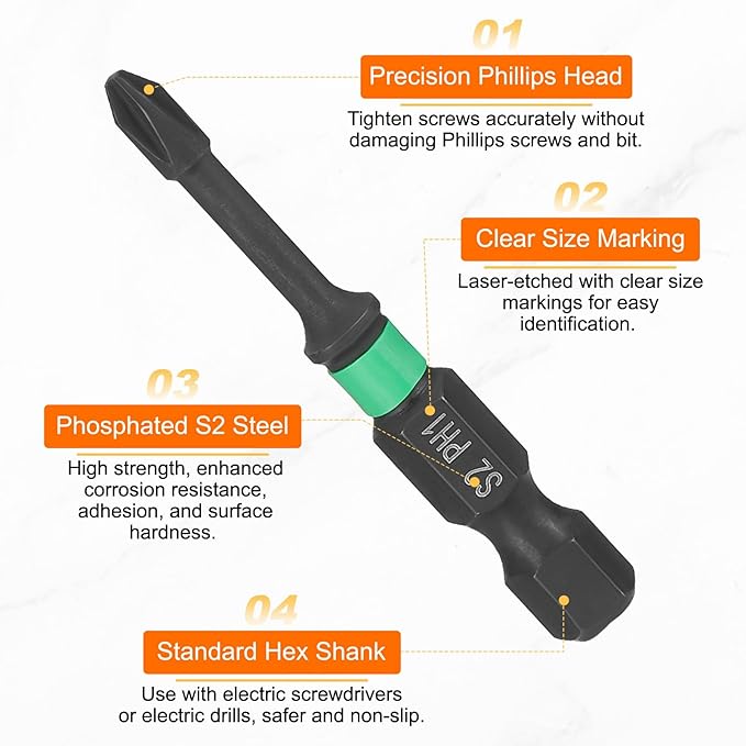 HARFINGTON #1 Impact Phillips Screwdriver Bit PH1 1/4" Hex Shank 2" (50mm) Length 0.12" Rod Magnetic Cross Head Drill Bits S2 Steel Industrial Screw Drivers for Impact Power Tools