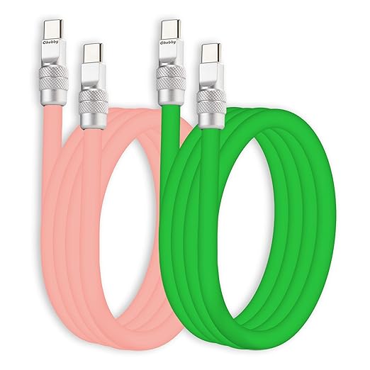 chubbycable Couple Chubby 2-Pack 240W USB C Cable Extra Thick Silicone Fast Charging Cable Compatible with iPhone 17-15 Series iPad Galaxy Series, Pink+Green, Type-C to Type-C, 4.9FT