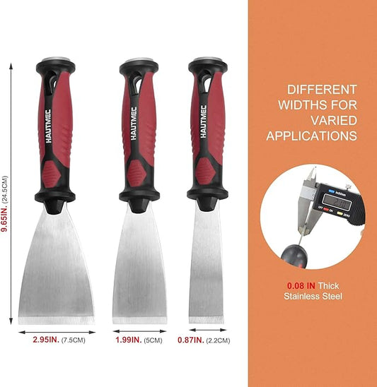 HAUTMEC 4pc Putty Knife Set, Paint Scraper, Flat Heavy Duty Stainless Steel Blade and Hammer End for Removing Wallpaper for Puttying Plaster, Cement