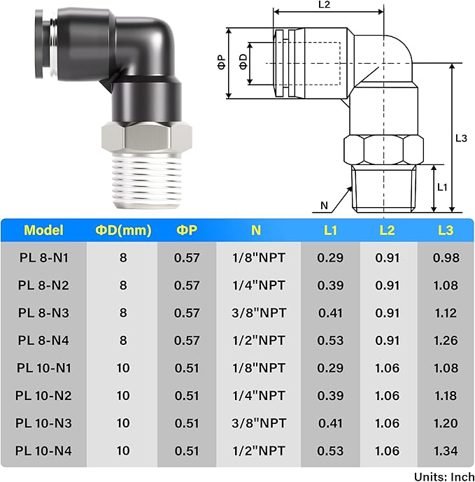 TAILONZ PNEUMATIC Male Elbow 8mm Tube OD x 1/4 Inch NPT Thread 90 Push to Connect Fittings PL8-N2 (Pack of 2)