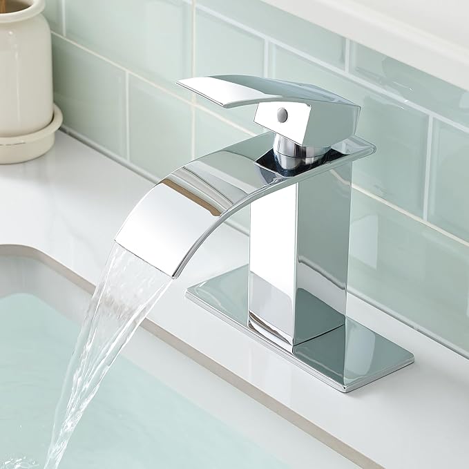 FRANSITON Black Waterfall Bathroom Faucet Lavatory Single Handle 1 or 3 Hole Bathroom Sink Faucet Washbasin Faucet with Deck and Pop-up Drain (Chrome, Short)