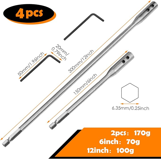 Hotop 4 Pieces 1/4 Extension Drill Bit Set Wood Spade Drill Bit Extension, 6 and 12 Inches with 2 Pieces Key, Use with High-Carbon Steel Wood Spade