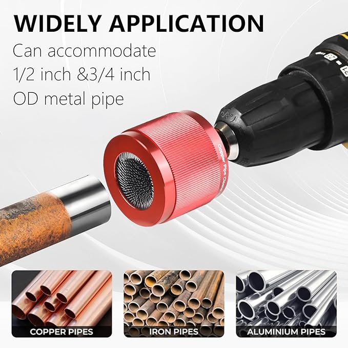 1/2" & 3/4" & 1" Copper Pipe Cleaner Set for Drill, with 1/4" Hex Shank & 15 Brush Blades Plumbing Tools for Removing Rust, Stains & Paint from Copper & Metal Pipes (red-1)