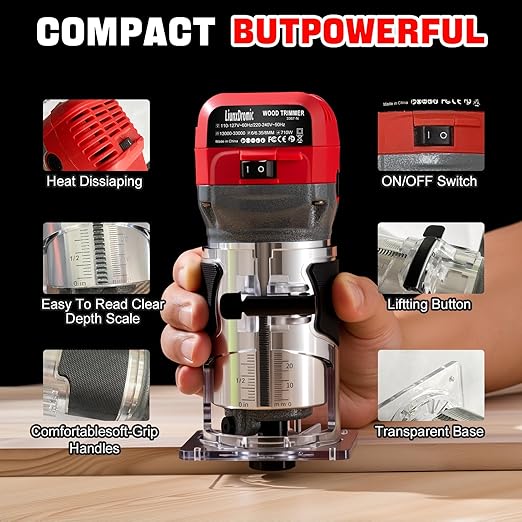 Router Tool, 6.5Amp 1.25HP Wood Routers for Woodworking, 13000-33000 RPM 6 Variable SpeedsHand Wood Tool Compact Edge Trimmer with 12 1/4" Router Bit Set (US6)
