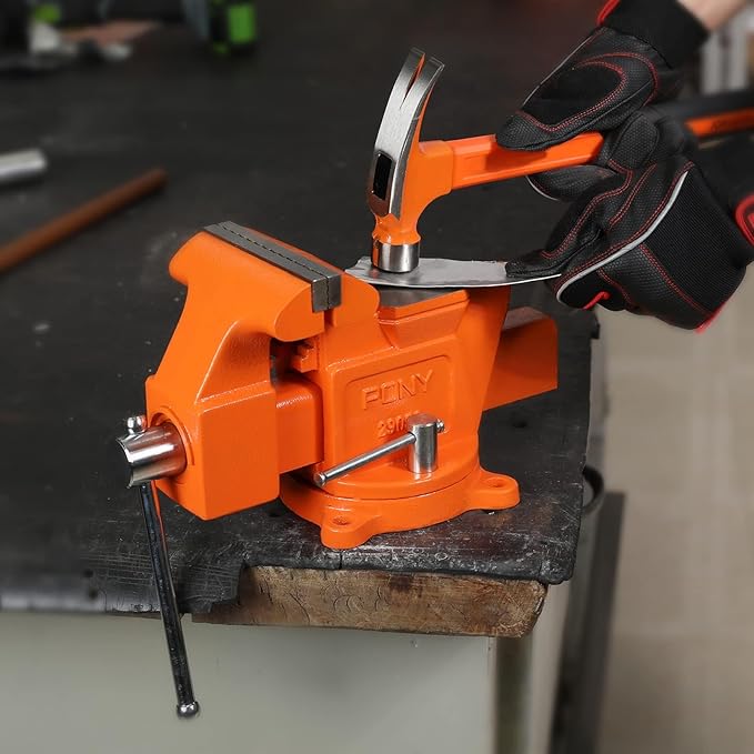 PONY Heavy Duty Bench Vise, 5-inch Jaw Width 4-inch Opening, Swivel Base With Anvil, Utility Combination Pipe Home Vise for Woodworking, One-Pair Jaw Pad Included