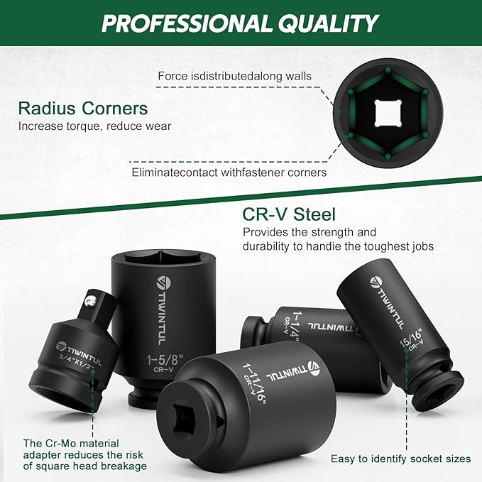 11Pcs Axle Nut Socket Set, 1/2 Drive SAE Impact Socket 15/16 to 1-3/4, CR-MO 3/4 to 1/2 Adapter, 6-Point Design Heavy Duty Socket Set for Large Auto Repairs, Agricultural implement