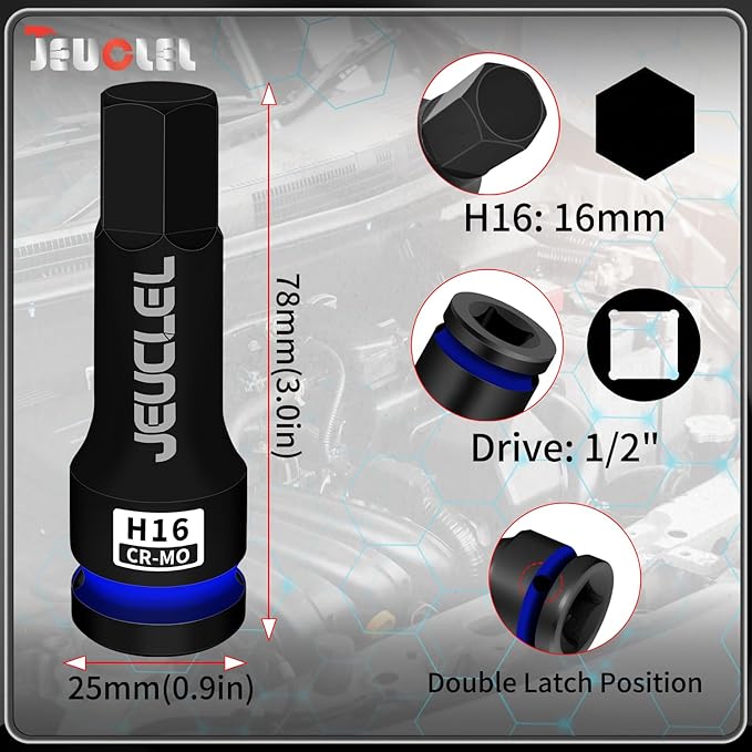 16mm Hex Impact Bit Socket, H16 1/2-Inch Impact Drive Allen Socket, Cr-Mo Steel Lengthen Hex Screwdriver Adapter for Electric Ratchet Wrenches Fastening Screws