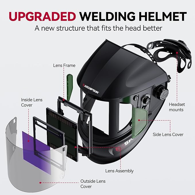 ARCCAPTAIN Auto Darkening Welding Helmet with Side View, 180째 Panoramic View, 1/1/1/1 True Color Large Viewing Welding Hood with 4 Arc Sensor Solar Powered, Wide Shade 4/5-9/9-13 for TIG MIG ARC CUT