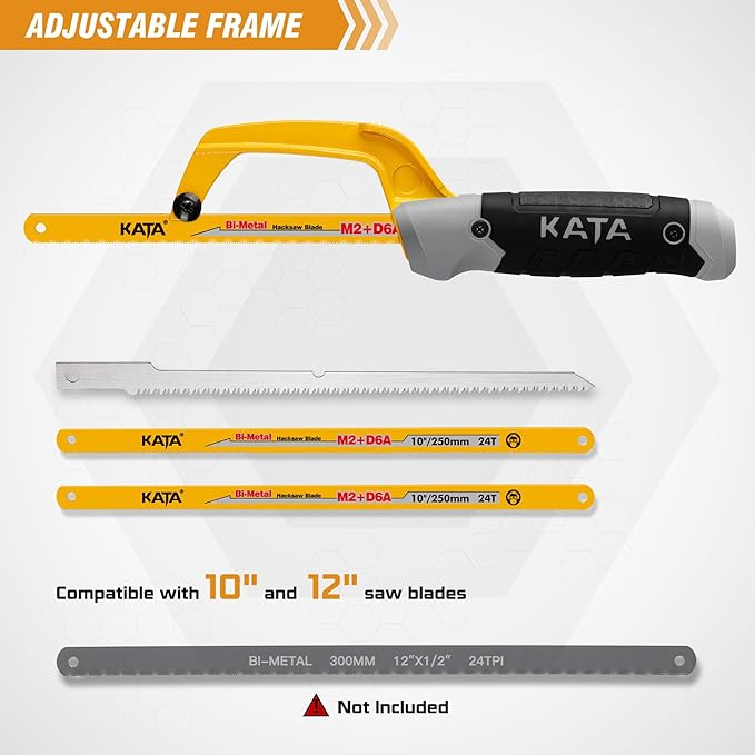 KATA Mini Hacksaw for Metal Cutting, Compact Hand Hack Saw Tool with 10 Inch Aluminum Frame, 2PC Extra Flexible M2+D6A HSS Blades and 1PC Woodworking Saw Blade, Cuts Thin-Wall Metal in Tight Spaces