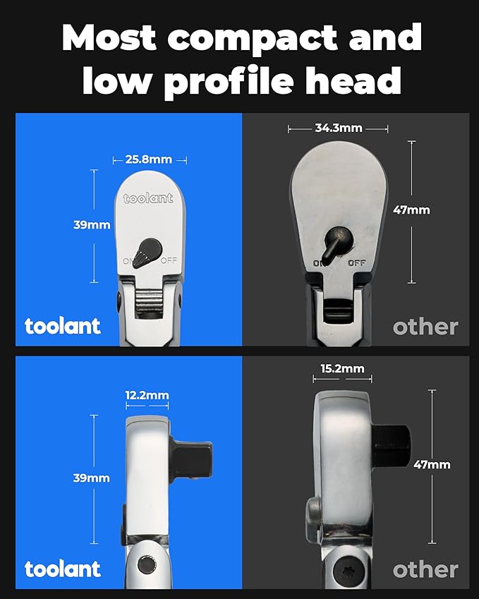 toolant 1/2" Drive Flex Head Ratchet, 90 Tooth Compact Flex Head Socket Ratchet Wrench, 17 Inch Length