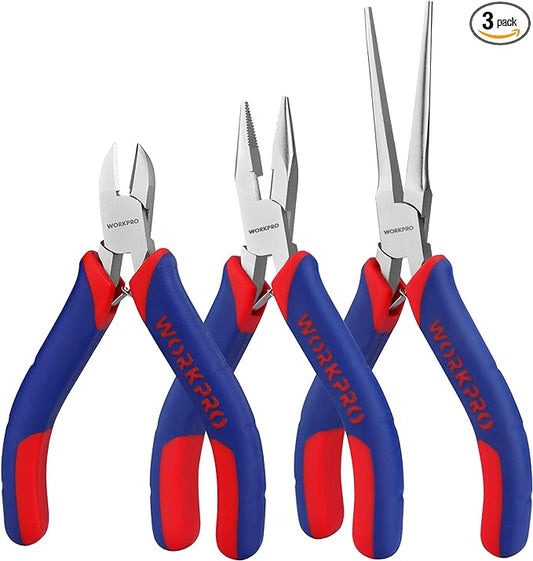 WORKPRO Mini Pliers Set, 3-Piece Small Pliers Tool Kit Includes 4??Diagonal Plier, 5??Long Nose Plier, 6??Needle Nose Plier, for Making Crafts, Repairing Electronic Devices
