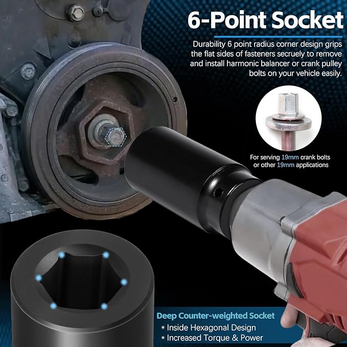 Harmonic Balancer Socket Tool 77080 for Honda 19mm Crank Bolt Socket, 3 Times Momentum Power of Standard Impact Sockets, Deep Counter-Weighted Design Increased Torque