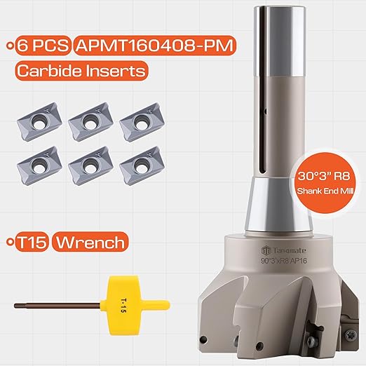 R8 Shank Indexable End Mill 3" Cutting Diameter x 6-1/4" Oal 90 Degree with Nickel Plating, Includes 6 APKT1604 Carbide Inserts