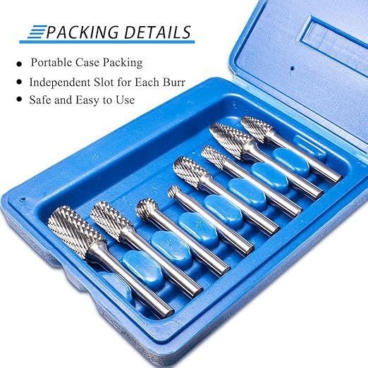 TJATSE Professional 8-Piece Double Cut Carbide Rotary Burr Set 1/4" Shank with Tool Carry Case, for Die Grinder Drill, Metal Wood Carving, Engraving, Polishing, Drilling