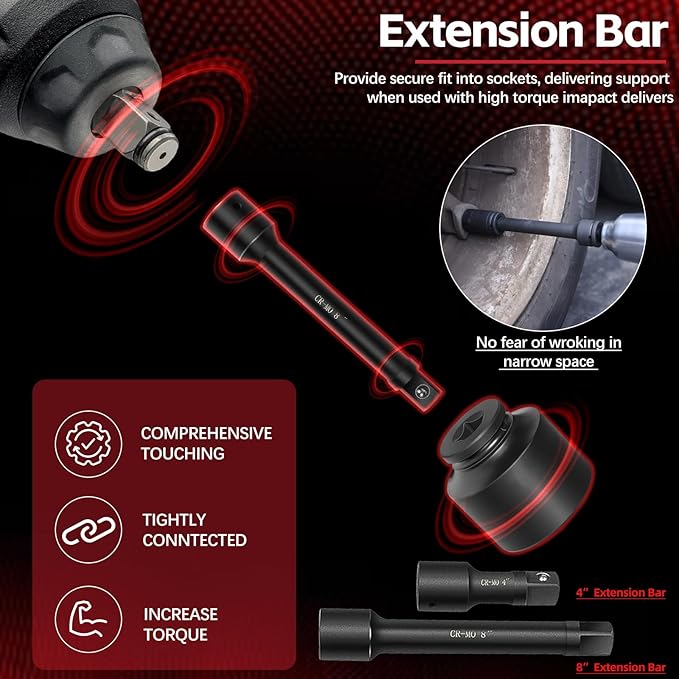 Impact Socket Set, 3/4 Inches Drive Socket Set Impact Standard SAE (7/8 Inches to 2 Inches) & Metric Sizes (22 mm-50 mm), 27 Piece Standard Impact Sockets with Extension Bars and Ratchet Handle
