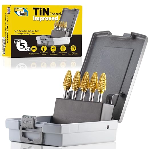 SF-5 5pcs Tungsten Carbide Burr TiN Rotary File Tree Shape Radius End Shape Double Cut for Die Grinder Drill Bits 1/4'' Inch Diameter of Shank and 1/2'' Diameter of Cutter 1'' Inch Cutter Length
