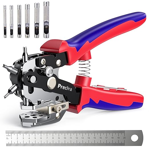 Preciva Hole Punch Plier, Revolving Punch Hole Tool with V-Shaped Cutting Edge Design, 6 Hole Sizes Used for Leather, Belts, Thin Iron Sheets, Paper Cards, Plastics, & Fabrics