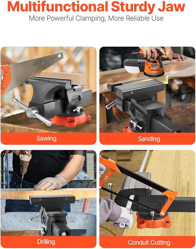 VEVOR Bench Vise, 8" Jaw Width, 8" Max Jaw Opening Multipurpose Vise with 360째 Swivel Locking Base, 3.7" Throat Depth, Heavy Duty Ductile Iron Workbench Vise, Two-Way Jaws for Clamping Round Pipes