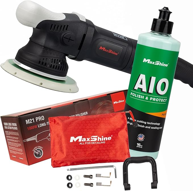 Maxshine 21mm, 6" Plate M21 Pro Dual Action Polisher & 16oz AIO Polish - 6-Speed, 5/16??24 Thread - Auto Detailing Tool for Buffing, Paint Protection, Swirl & Scratch Repair, Glossy Shine, Restoration