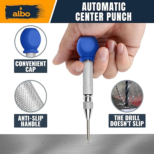 ALBO Spring Loaded Center Punch Tool ??5 Inch Automatic Punch for Metal, Wood & Steel ??Heavy Duty Drill Punch with Non-Slip Comfort Cap, Galvanized Finish & Precision Tip for Accurate Marking (1pc)