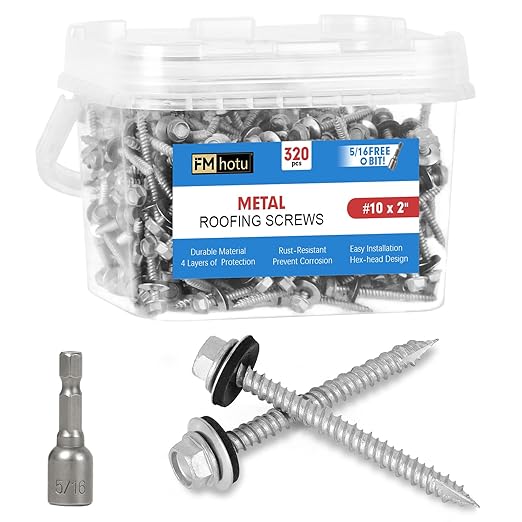 Metal Roofing Screws #10×2Inch, 320-PCS, Hex Head Rustpert Coating Sheet Metal to Wood Siding Screw with EPDM Rubber Washer, Sharp Point, Hex Socket Included