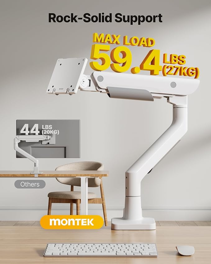 monTEK Sleek Aluminum Monitor Arm for 17??7??Ultrawide Screens up to 59.4 lbs, Heavy Duty Single Monitor Arm Desk Mount, Pneumatic Lift, Quick-Release Plate, Clamp/Grommet, Max VESA 100x100
