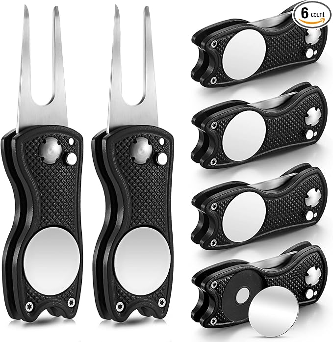 6 Packs Golf Repair Tool Stainless Steel Foldable Golf Divot Tool Magnetic Button Ball Marker