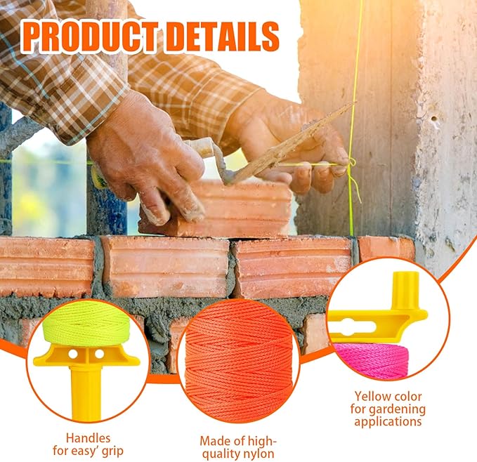 3 Reels of 18 Braided Mason Line String with Handle, Total 150 Ft Nylon Twine, Masonry Construction String for Alignment, Precision Leveling Work, DIY & Gardening (Orange, Pink, and Green)