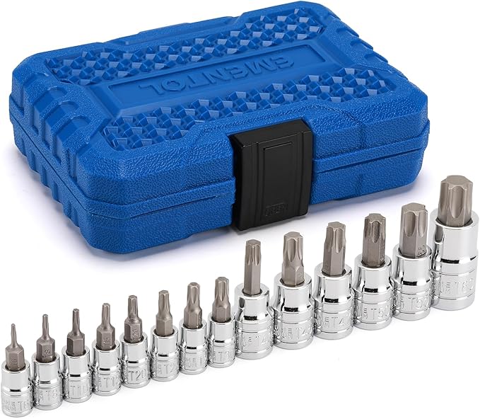 EMENTOL 14PCS Torx Bit Socket Set, CR-V, S2 Steel, 1/4", 3/8" and 1/2" Drive Star Bit Socket Set, T6 - T60