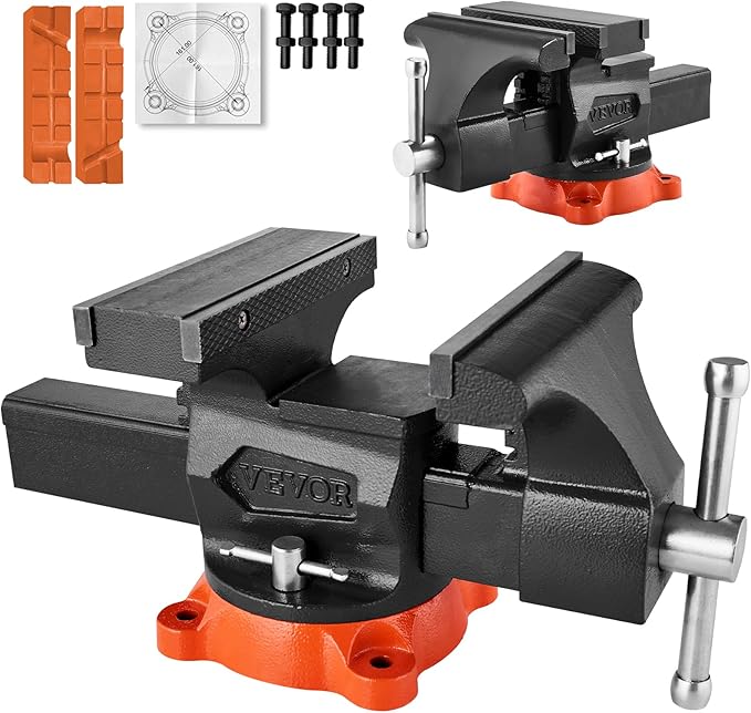 VEVOR Bench Vise, 8" Jaw Width, 8" Max Jaw Opening Multipurpose Vise with 360째 Swivel Locking Base, 3.7" Throat Depth, Heavy Duty Ductile Iron Workbench Vise, Two-Way Jaws for Clamping Round Pipes