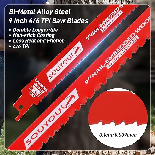25 Pack 9 Inch 4/6 Tpi Reciprocating Saw Blades Bi-Metal Steel Demon with Perma-Shield Coating Stud and Reciprocating Saw Blades for Cutting Embedded Wood Metals PVC Pallets etc.
