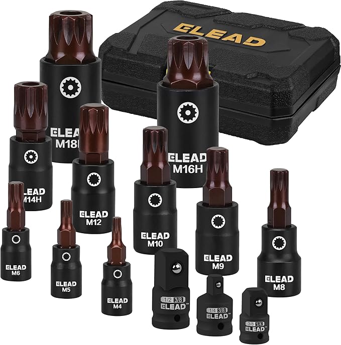 13-Piece XZN Triple Square Spline Bit Impact Socket Set - Premium S2 Steel European Style M4 - M18 with Socket Adapters, 1/4?? 3/8??and 1/2??Drive | Professional Mechanic Garage Tools