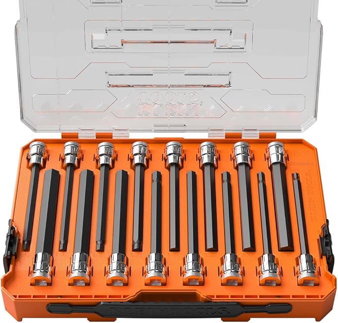 Klein Tools 652216HEXL Long Hex Bit Socket Set, 16-Piece, SAE and Metric Socket Set, Long Hex Bits, MODbox Case