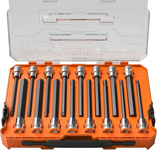 Klein Tools 652216HEXL Long Hex Bit Socket Set, 16-Piece, SAE and Metric Socket Set, Long Hex Bits, MODbox Case
