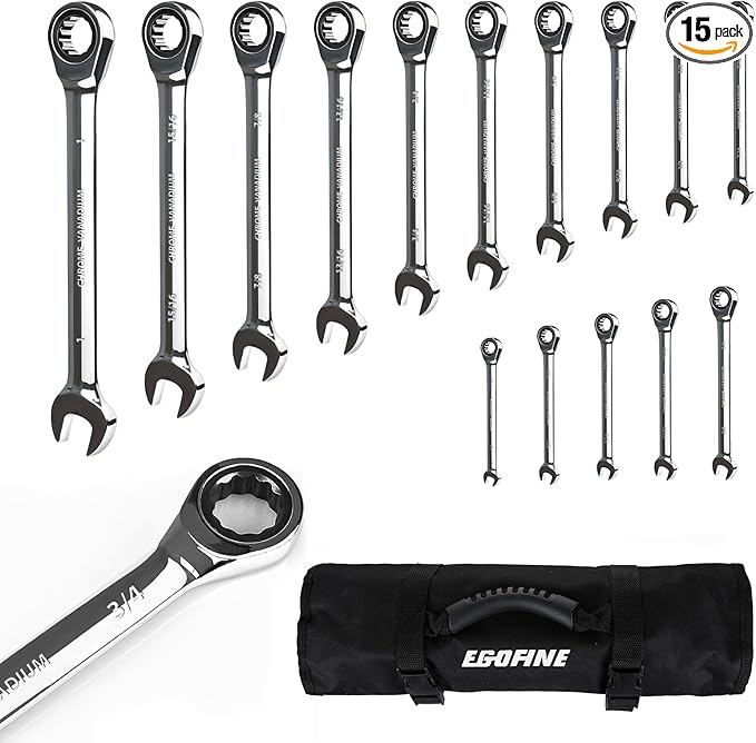 Egofine 15-piece SAE Ratcheting Wrench Set, SAE 1/4" to 1" Chrome Vanadium Steel, 12-Point, 72-Teeth Open End and Box End Combination Tool with a Roll Up Storage Bag
