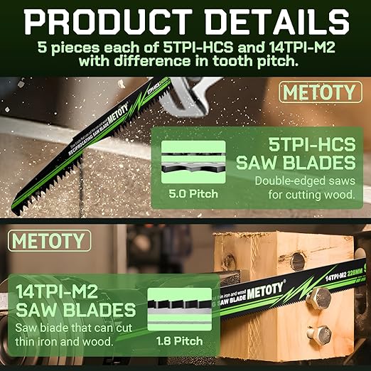9 & 9.5-inch Reciprocating Saw Blade Set for Metal Wood Iron, 5 TPI (Tree Branches) & 14 TPI (Iron), 10 Pieces with Organizer Case, Durable HCS for Versatile Cutting