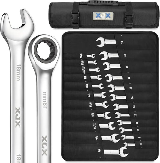 XJX 24PCS Ratcheting Combination Wrench Set | SAE & Metric | 12 Point | 1/4?쓙o 7/8??and 8-19mm | CR-V Steel | Ratchet Wrenches Set with Portable Roll-Up Pouch