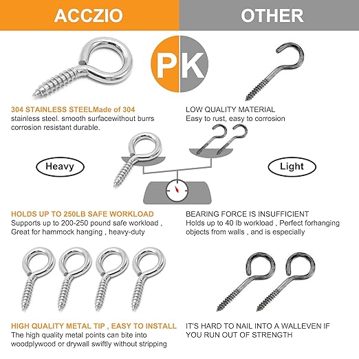 ACCZIO 8 Pack 304 Stainless Steel Eye Screws,2.5 Inch M6 Heavy Duty Eye Hooks Screw, Eye Bolts Screw in Eye Hooks for Wood, Eye Bolts for Secure Cable Wires, Indoor & Outdoor Use