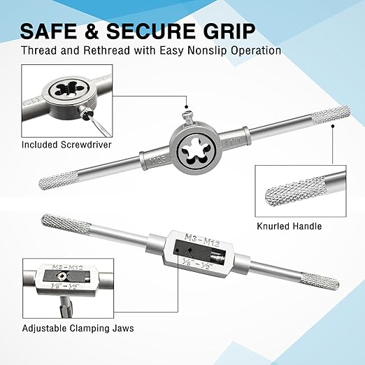 GMTOOLS 80pcs Tap and Die Set, SAE and Metric Tap Die Wrench Set, Metric Standard M3 to M12 Coarse Fine Rethreading Threads Bits for Cutting External and Internal Threads, NC, NF, NPT Repair Tools