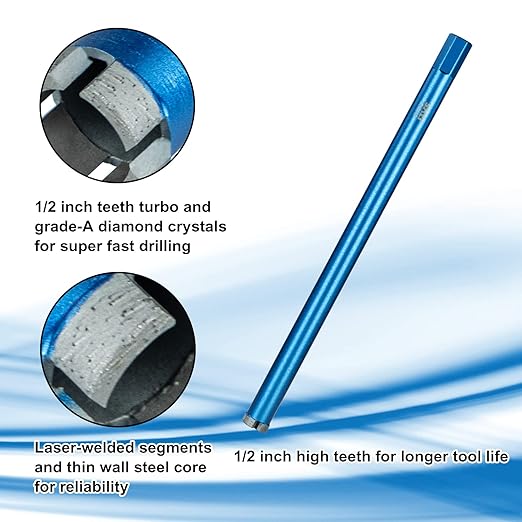 SALI Wet Diamond Core Drill Bits 2-1/2"/65mm Diameter, 15"/380mm Drilling Depth Concrete Core Drill Bit, 1-1/4-7" Thread Core Bit Turbo Laser-Welded Segments with Rebar, Brick, Block, Masonry, Stone
