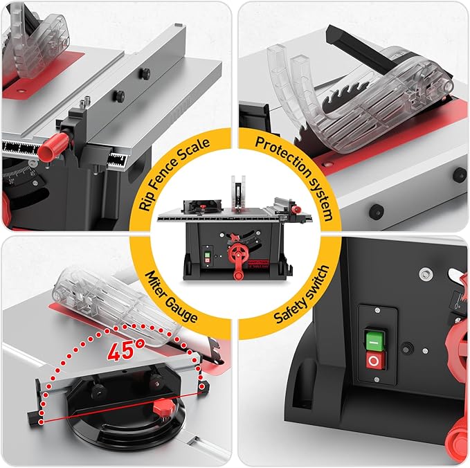 15Amp Portable Table Saw 10 inch, 4600RPM Compact Tablesaw with 36T Blade, 90°Cross Cut & 0-45°Cutting, Multifunctional Benchtop Saw for DIY Furniture Making Woodworking