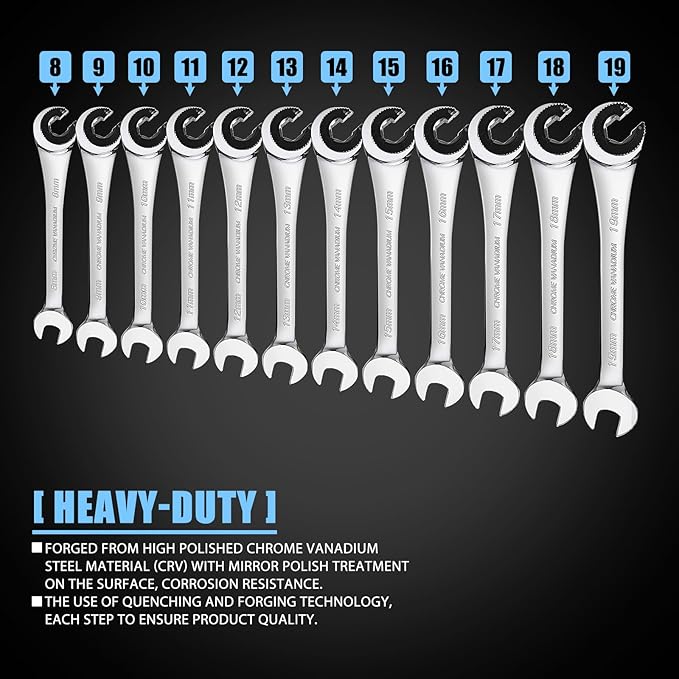 LOSCHEN 12pcs/set 8-19mm Metric Ratcheting Wrench Combination Wrench Set with 72 Teeth, Chrome Vanadium Steel Tubing Ratchet Spanner（US and European Patents）
