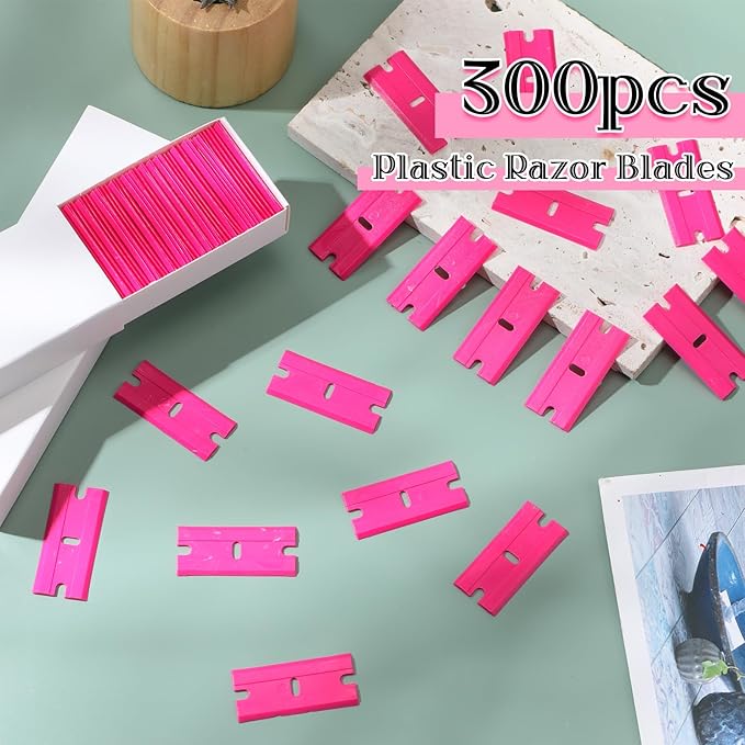 Honoson 300 Pieces Plastic Razor Blade Scraper Blades Plastic Scraper Tools Double Edge Razor Blades with a Tip Slot Edge Blades for Removing Decals, Stickers, Cleaning Window Glass (Pink)