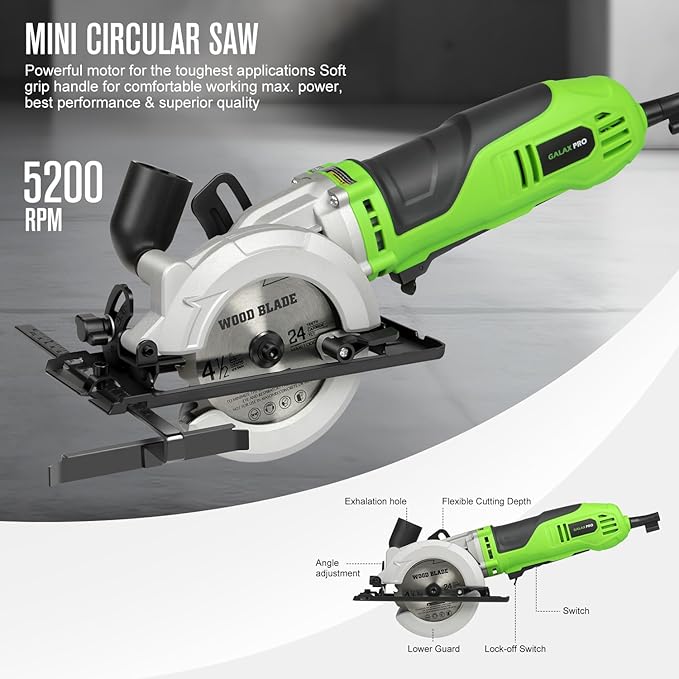 GALAX PRO 6Amp 710W Mini Circular Saw, 5200RPM Electric Circular Saw,1-2/3''(90째)/1''(45째) Cutting Depth, with 2Pcs 115mm Saw Blades (24T/60T) for Wood/Metal