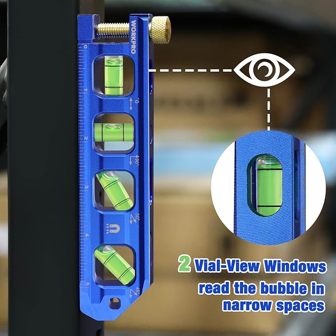 WORKPRO Magnetic Torpedo Level, Conduit Bending Level, Bubble Vials for 0째/90째/30째/45째 Measurements, Aluminum Alloy Construction, 6.3-inch, Cobalt Blue