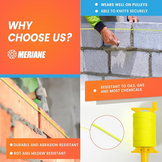 MERIANE 500FT Mason Line w/Reloadable Line Reel, 18# Braided Twine String for Masonry Job, Level Lines in Construction, Gardening, Fluorescent Yellow
